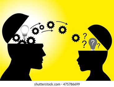 Knowledge or ideas transfer between adult man head to young boy head, transferring knowledge, teaching, education, learning concept