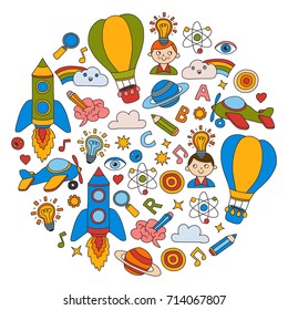 Knowledge Imagination Fantasy Kids drawing style Creative education concept Kindergarten School Pre-school Nurcery