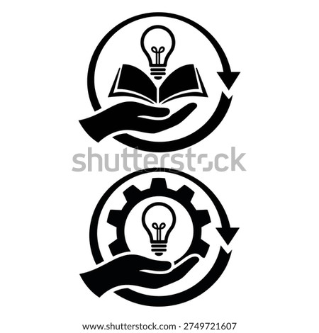 Knowledge Innovation Process Icon Set  Hand Holding Book Light Bulb and Gear Workflow Symbol