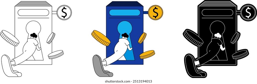 Knowledge as Key to Financial Success - Vector Illustration of Book with Keyhole and Person Walking In, Symbolizing Financial Growth and Wealth through Education, flat design, silhouette icon design