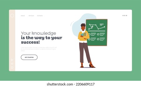 Knowledge Landing Page Template. School Education Concept. Teacher with Textbook Stand at Blackboard Teach Lesson. Young Woman Tutor Wear Formal Dress Hold Book. Cartoon People Vector Illustration