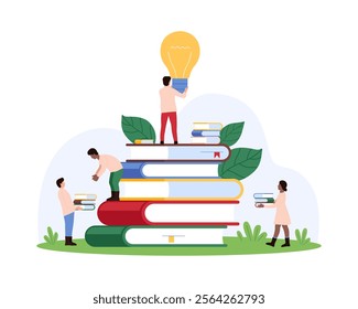 Knowledge and learning help in creation of new ideas, inspiration of wisdom. Tiny people standing on stack of book, textbook and encyclopedia, student holding light bulb cartoon vector illustration