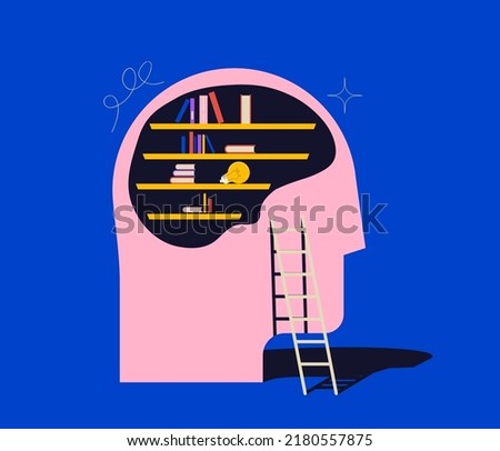 Knowledge or learning or ideas concept illustration with human head silhouette with library. Vector illustration