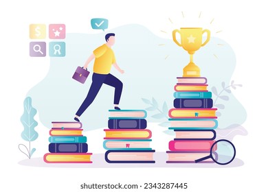 Knowledge, learning process. Smart student climbs stairs textbooks to success, trophy. Wider and far reaching vision from learning and reading books in academic education concept. vector illustration