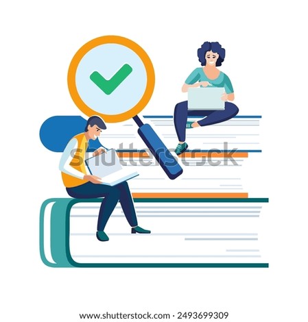 Knowledge, library. People, boy and girl student with laptop sitting on stack of books, education, science. Green magnifying glass check mark. Quality control inspection or concept.Vector illustration