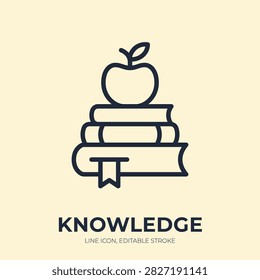 Knowledge line icon. Education and learning linear vector illustration. Thin sign of book stack with apple, bookmark for study, school, reading, academic course web pictogram