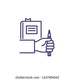 Knowledge line icon. Hand holding pencil and book with bookmark. Education concept. Can be used for topics like studying, school, college, qualification