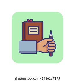 Knowledge line icon. Hand holding pencil and book with bookmark. Education concept. Can be used for topics like studying, school, college, qualification