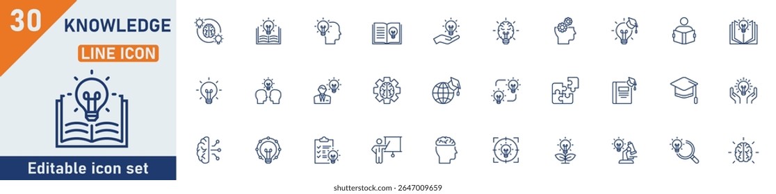 Knowledge line icon set. Set of 30 outline icons related to knowledge, innovation, smart, education, idea, E-learning, study and others. Editable stroke. Vector illustration.