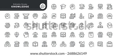 Knowledge line icon set. Cognition, education, studying, book, intelligence, brain, e- learning, learn, read, think and more. Outline icon in linear style. Vector collection.	
