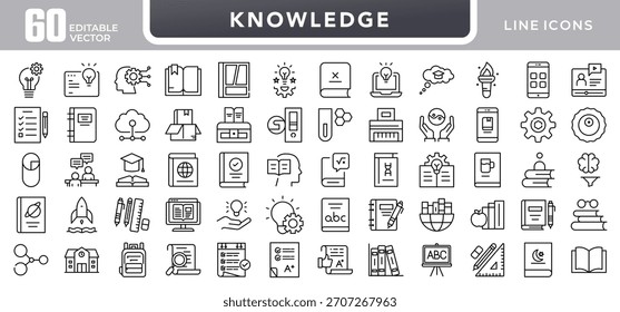 Knowledge line icon set. Education, learning, books, study, school, AI, cognition, brain, library, teaching, idea, training, knowledge sharing, academic icons vector illustration. Pixel-perfect stroke