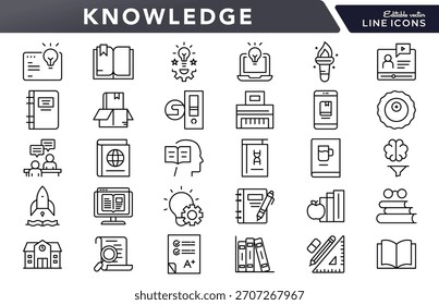 Conjunto de iconos de línea de conocimiento. Educación, aprendizaje, libros, estudio, escuela, IA, cognición, cerebro, Biblioteca, enseñanza, idea, formación, intercambio de conocimientos, Ilustración vectorial de íconos académicos. Trazo de píxel perfecto