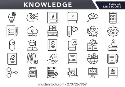 Knowledge line icon set. Education, learning, books, study, school, AI, cognition, brain, library, teaching, idea, training, knowledge sharing, academic icons vector illustration. Pixel-perfect stroke