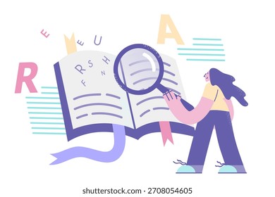 Conhecimento, procurando por conceito de informação. Jovem sorrindo positivo mulher de pé à procura de informações em livros com lupa na mão ilustração vetor