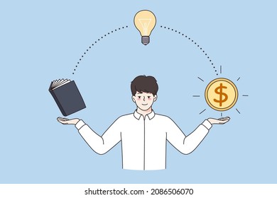 From knowledge to making money concept. Young man worker standing pointing at direction from book to great idea to making income profit vector illustration 