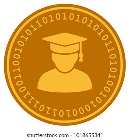Knowledge Man golden digital coin icon. Vector style is a gold yellow flat coin cryptocurrency symbol.