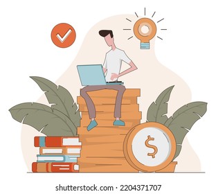 Knowledge. A man with a laptop sitting on a coin, a light bulb next to it