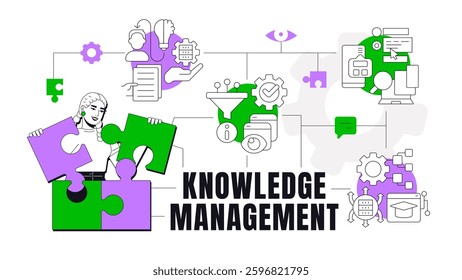 Knowledge management concept illustration. Learning process, education. Data organization, database. Text banner with flat vector character, colorful line icons. Visual communication