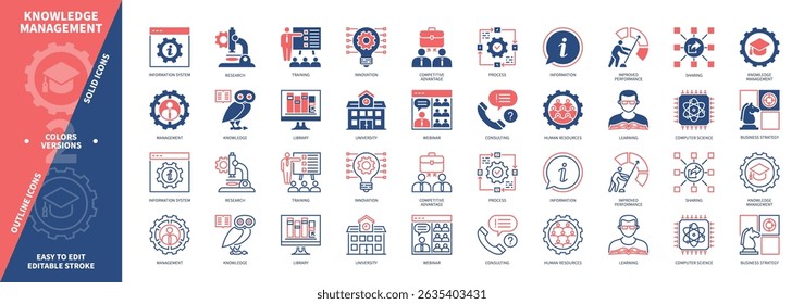 Knowledge Management icon set. Information, Business Strategy, Human Resources, Improved Performance, Sharing, University, Research, Training. Duotone color solid and editable outline icons