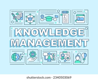 Knowledge management text with various line icons on blue monochromatic background, 2D vector illustration.