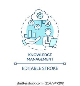 Knowledge Management Turquoise Concept Icon. Business Intelligence Abstract Idea Thin Line Illustration. Maintaining Info. Isolated Outline Drawing. Editable Stroke. Arial, Myriad Pro-Bold Fonts Used