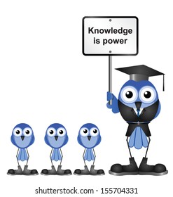 Knowledge message sign with bird teacher and Pupils isolated on white background