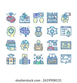 Knowledge Mind Intelligence doodle icons set vector. World Knowledge University Diploma, Asking Question For Solve Problem Intelligent Talking Line. Library Shelf With Books sketch hand drawn