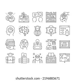 Knowledge And Mind Intelligence Icons Set Vector. World Knowledge And University Diploma, Asking Question For Solve Problem And Intelligent Talking. Library Shelf Books Black Contour Illustrations