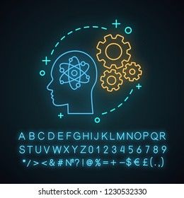 Knowledge neon light concept icon. Artificial intelligence idea. AI. Thinking process. Solution searching. Glowing sign with alphabet, numbers and symbols. Vector isolated illustration