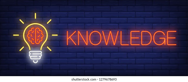 Knowledge neon text and light bulb with brain. Education concept design. Night bright neon sign, colorful billboard, light banner. Vector illustration in neon style.