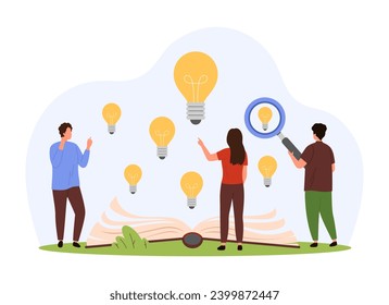 Knowledge, new ideas and inspiration from studying books. Tiny people look through magnifying glass at bright light bulbs flying out of open paper book, research projects cartoon vector illustration