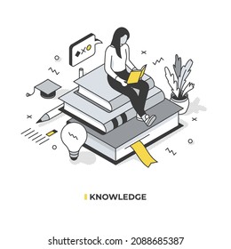 Knowledge obtaining concept. A student girl is sitting on a stack of books and studying a textbook. Vector isometric illustration