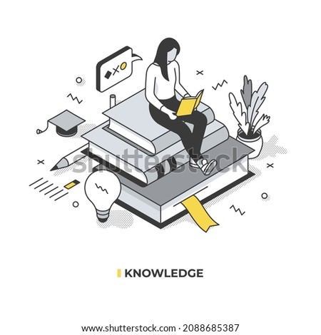 Knowledge obtaining concept. A student girl is sitting on a stack of books and studying a textbook. Vector isometric illustration