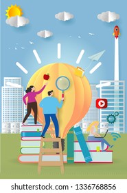 knowledge online. distance education concept. video tutorial, training courses. small people laying on books and textbooks while surfing internet with a laptop for ideas.Paper cut and craft style