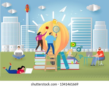 knowledge online. distance education concept. video tutorial, training courses. small people laying on books and textbooks while surfing internet with a laptop for ideas.Paper cut and craft style