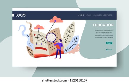 Knowledge, online education landing web page template, open book and magnifier vector. Distant or home learning and studying, webinar or lecture. Student examination, library textbooks, Internet site