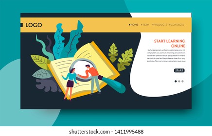 Webpage-Vorlage für Wissen Online-Bildung offene Buch- und LVergrößerungsVektorgrafik Fernunterricht oder zu Hause Lernen und Studium Webinar oder Prüfung von Schülern Vorbereitung Lehrbücherbibliothek Website Website