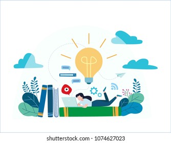 knowledge online. illustration vector.
distance education concept. video tutorial, training courses.
girl laying on books and textbooks while surfing internet with a laptop for ideas.