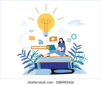 knowledge online. illustration vector.
distance education concept. video tutorial, training courses.
girl laying on books and textbooks while surfing internet with a laptop for ideas.