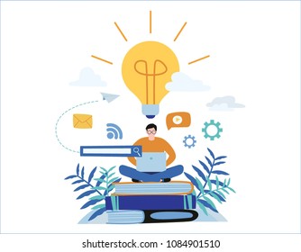 knowledge online. illustration vector.
distance education concept. video tutorial, training courses.
man laying on books and textbooks while surfing internet with a laptop for ideas.
