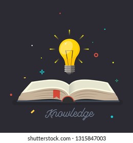Knowledge. Open book with shining bulb flying out. Vector illustration. - Shutterstock ID 1315847003