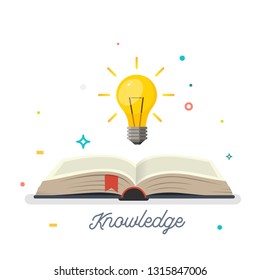 Knowledge. Open book with shining bulb flying out. Vector illustration. - Shutterstock ID 1315847006