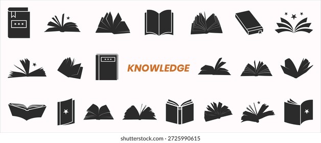 Conjunto de iconos de silueta de libro abierto y conocimiento. Educación, aprendizaje, lectura, concepto de sabiduría. Colección de Símbolos de Libro Negro. Vector EPS.