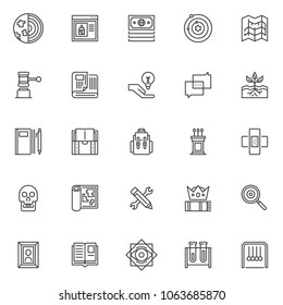 Knowledge outline icons set. linear style symbols collection, line signs pack. vector graphics. Set includes icons as earth science, internet browser with pencil , money, solar system, blueprint