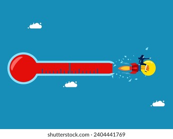 Knowledge outside the box. Businesswoman riding a lightbulb rocket flies through a broken mercury thermometer 