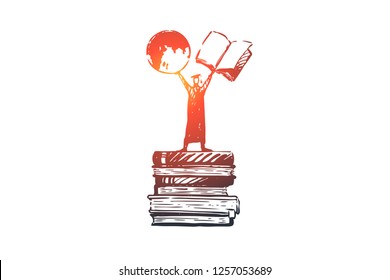 Knowledge, power, books, student, learning concept. Hand drawn person standing on stack of books concept sketch. Isolated vector illustration.