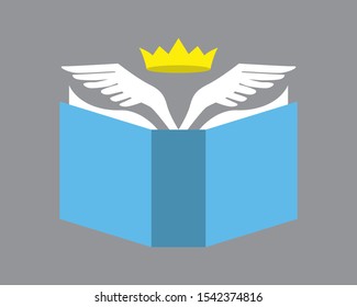 Knowledge is power concept. Blue book on gray background with white pages that turn into wings with a yellow crown above it.