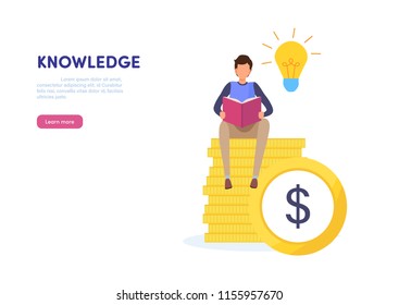 Knowledge is power concept. rich, success, idea, skills, education. Flat cartoon miniature  illustration vector graphic on white background.