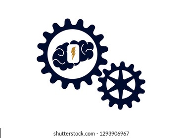 Knowledge is power design concept. Blue brain uses yellow electricity/lightning bolt to power blue cogs. White background.