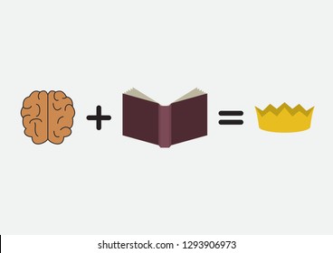Knowledge is power design concept. Brains plus books(information/knowledge) equals crown (power/authority). Fleshy color, maroon/red, and yellow/gold on a white background.